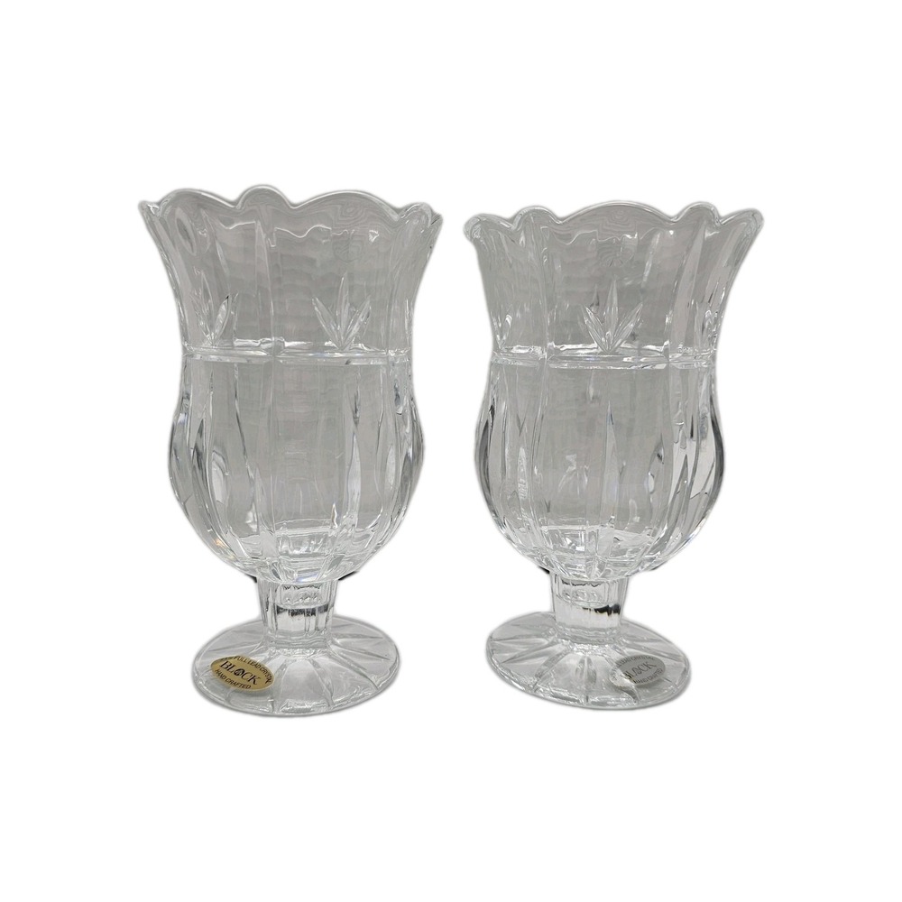 Vtg Block 24% Lead Crystal 7" Tulip Vase /Hurricane Candleholder Set Of 2 EUC